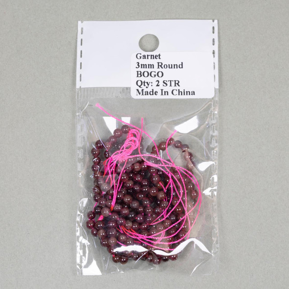 Cherry Tree Beads BOGO Garnet 3mm Round Beads - Receive 2 Identical 15 Inch Strands 
