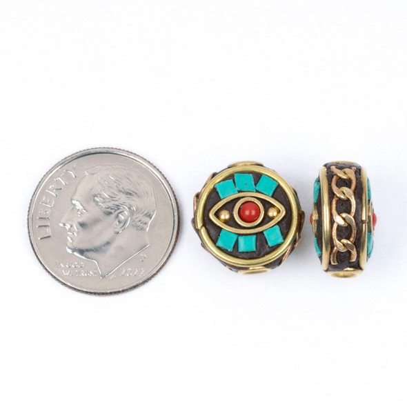 Cherry Tree Beads Tibetan Brass 12mm Evil Eye Motif Coin Beads with Turquoise Howlite and Red Coral inlay- 2 per bag 