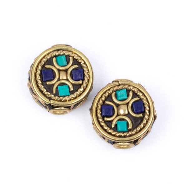 Cherry Tree Beads Tibetan Brass 12mm Coin Beads with Lapis and Turquoise Howlite inlay- 2 per bag 