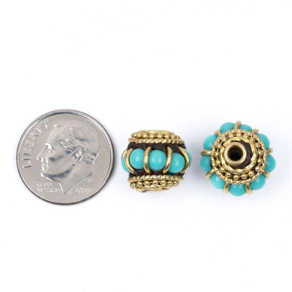 Cherry Tree Beads Tibetan Brass 11x13mm Rondelle Beads with Turquoise Howlite inlay - 2 per bag 