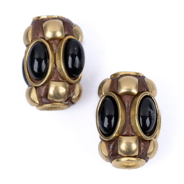 Cherry Tree Beads Tibetan Brass 8x12mm Tube Beads with Onyx inlay - 2 per bag 