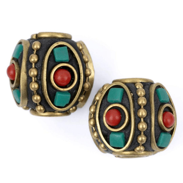 Cherry Tree Beads Tibetan Brass 12x13mm Cube Beads with Turquoise Howlite and Red Coral inlay - 2 per bag 