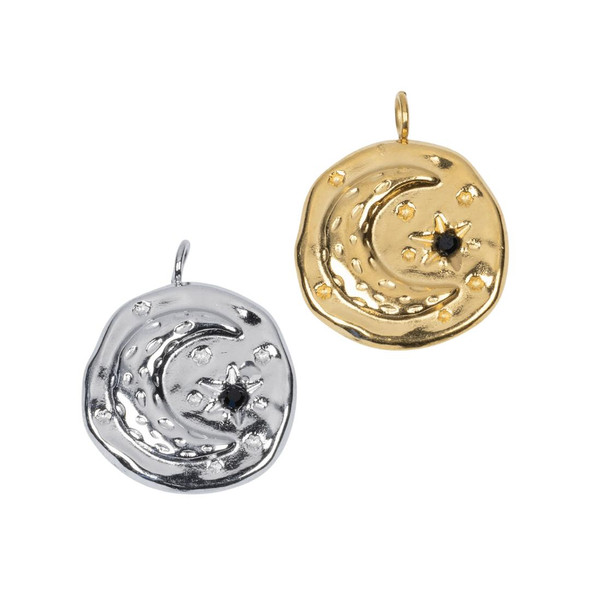 Cherry Tree Beads 316 Stainless Steel 15mm Crescent Moon with CZ Coin Charms - 2 per bag 