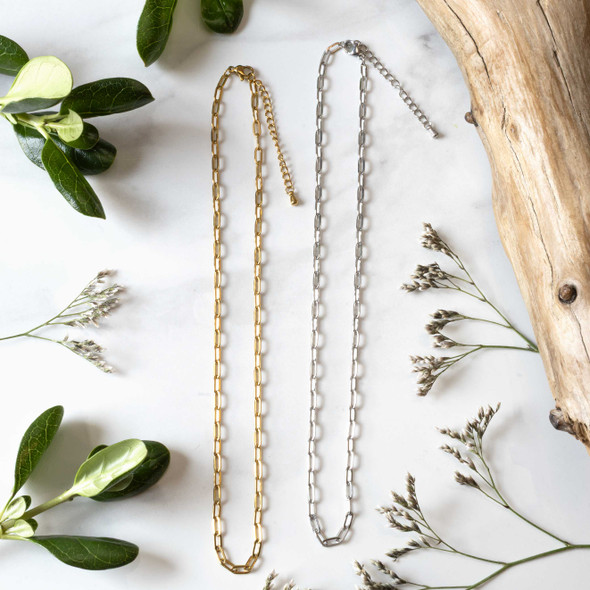 Paper Clip Chain Necklace features elongated oval links for a clean, modern look that works beautifully on its own or as the foundation for a handmade jewelry design