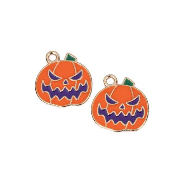 Cherry Tree Beads Enameled Gold Pewter 16x17mm Spooky Pumpkin Charms - 2 per bag 