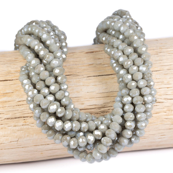 Cherry Tree Beads Crystal 5x6mm Opaque Light Fossil Grey Faceted Rondelle Beads with AB finish - 15 inch strand 