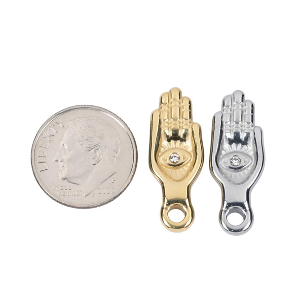 Cherry Tree Beads 304 Stainless Steel 9x25mm Hamsa Hand with CZ Charms - 2 per bag 