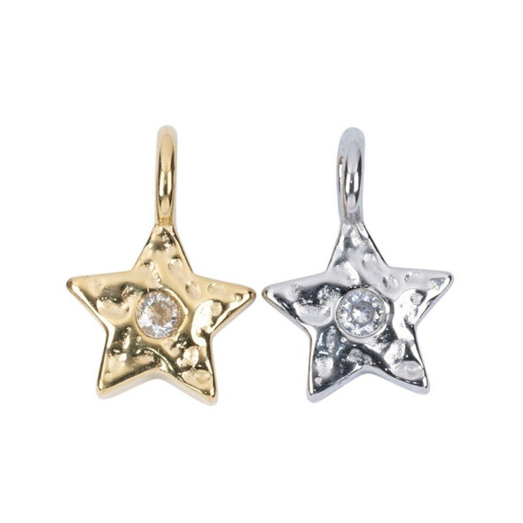 Cherry Tree Beads 304 Stainless Steel 13x19mm Hammered Star with CZ Charms - 2 per bag 