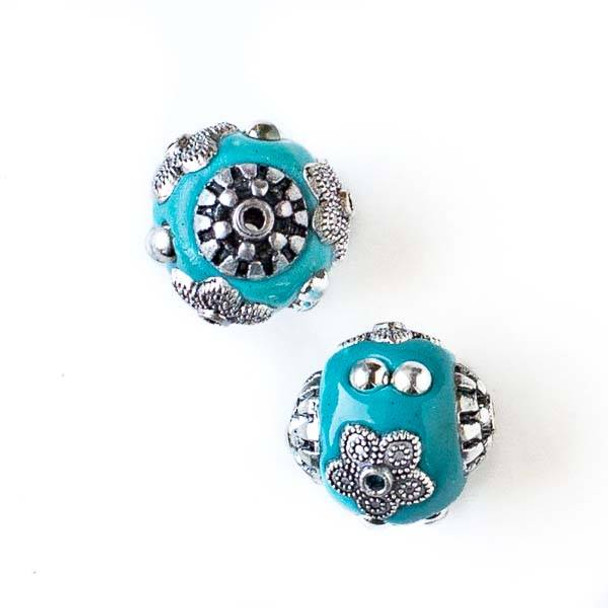 14mm Turquoise Blue and Silver Handmade Bead with Bead Caps - 2 per bag