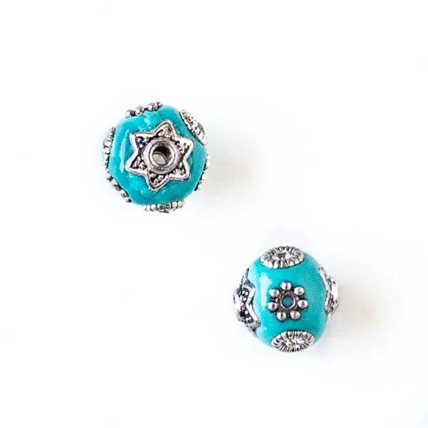 11mm Turquoise Blue and Silver Handmade Bead with Bead Caps - 2 per bag