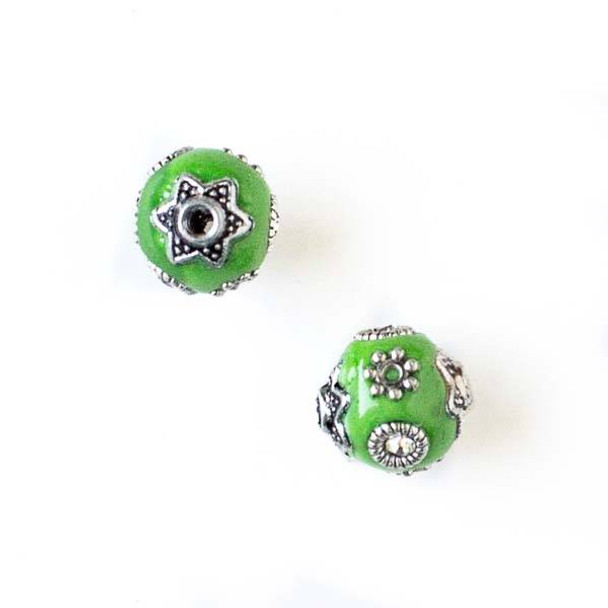 11mm Spring Green and Silver Handmade Bead with Bead Caps - 2 per bag