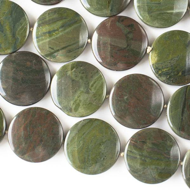 African Green Jasper 25mm Coin Beads - 16 inch knotted strand