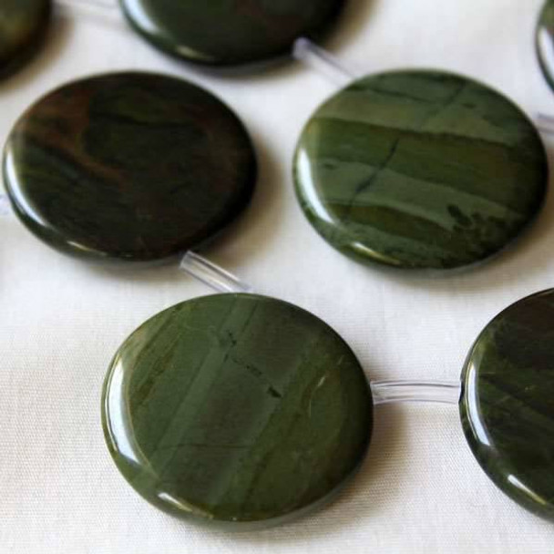 African Green Jasper 30mm Top-Drilled Coin Beads -16 inch strand