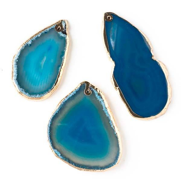 Aqua Blue Agate 35-55x60-80mm Top Drilled Slice Pendant with Gold Colored Pewter Framing