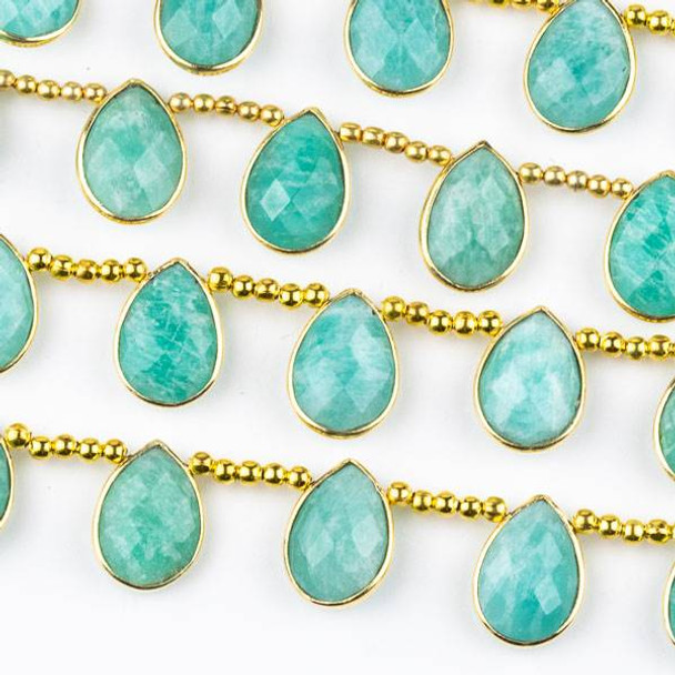 Amazonite 10x14mm Top Drilled Faceted Teardrop Beads with Gold Plated Bezel - 8 inch strand with spacer beads