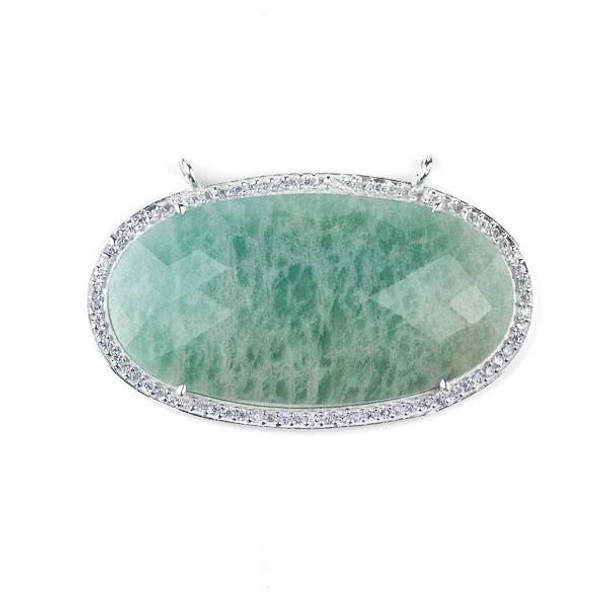 Amazonite 25x44mm Faceted Oval Pendant Drop with Silver Plated Brass Bezel and Cubic Zirconias - 1 per bag