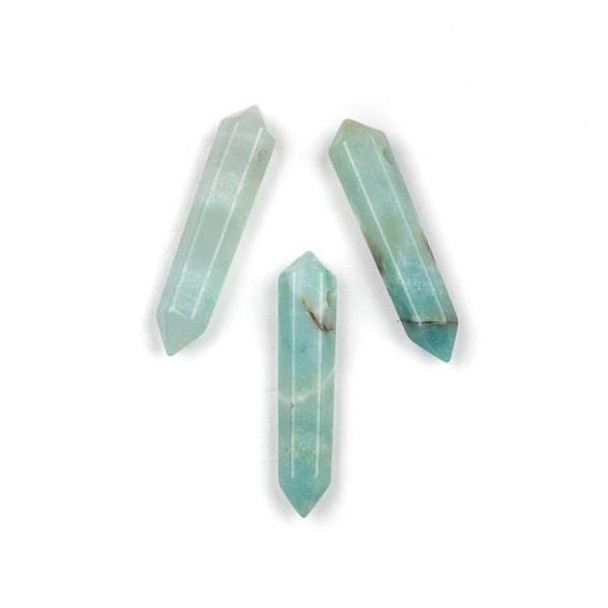 Three 8x40mm hexagonal double point pendants made from natural gemstone amazonite, offered individually by Cherry Tree Beads.
