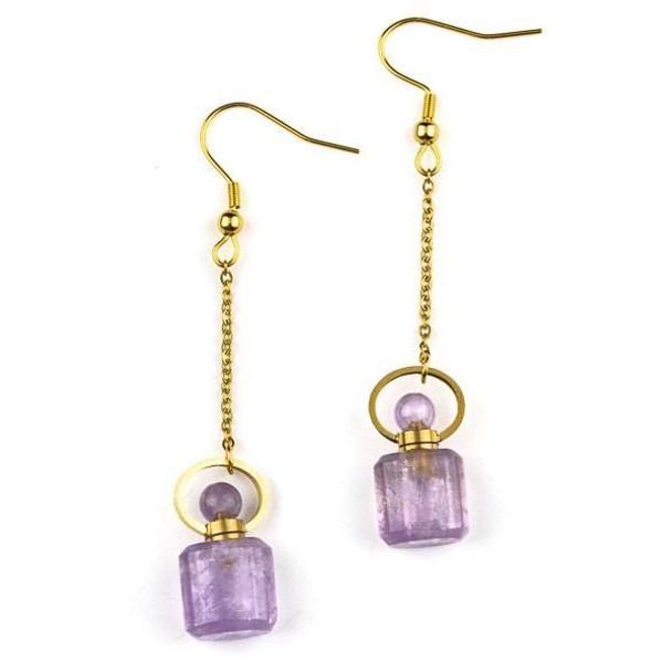 Amethyst 11x19mm rounded square perfume bottle earrings with gold plated stainless steel from Cherry Tree Beads, made from natural gemstone.