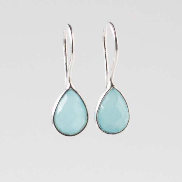 Aqua Chalcedony 8x24mm Simple Teardrop Sterling Silver Earrings