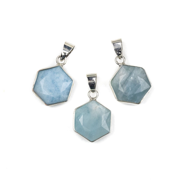 Aquamarine 15x24mm Faceted Irregular Hexagon Pendant with Silver Plated Bezel and Bail - 1 per bag