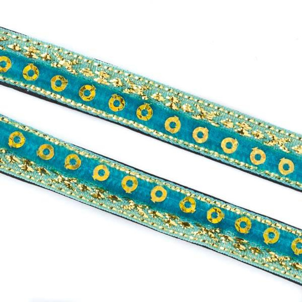 Turquoise Blue and Gold Sequin Ribbon on Black Leather Boho Cord - 10mm Flat, 3 yards #AX28