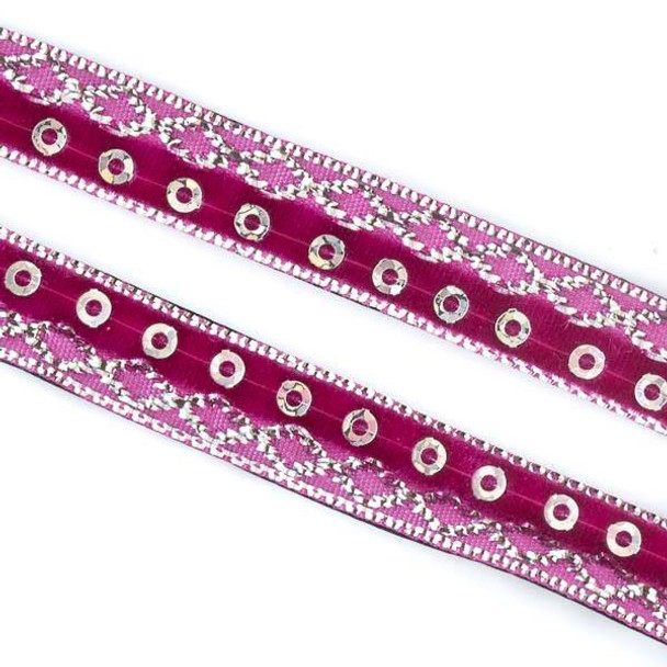 Hot Pink and Silver Sequin Ribbon on Black Leather Boho Cord - 10mm Flat, 3 yards #AX32