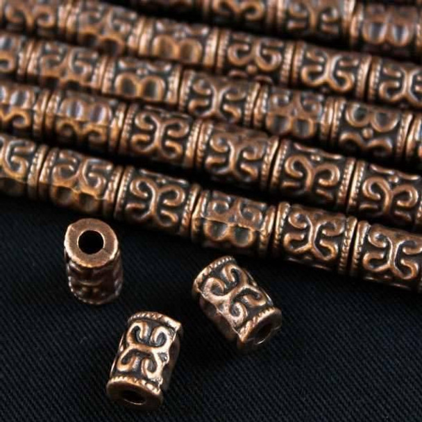 Cherry Tree Beads Vintage Copper Colored "Pewter" (zinc-based alloy) 6x10mm Barrel Beads with Scroll Pattern and a 2.5mm Large Hole - approx. 8 inch strand - basea0335vc 