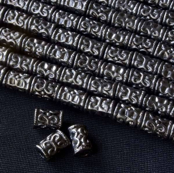 Gun Metal Colored Pewter 6x10mm Barrel Beads with Scroll Pattern - approx. 8 inch strand - basea0335gm
