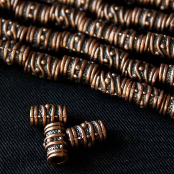 Cherry Tree Beads Vintage Copper Colored "Pewter" (zinc-based alloy) 4x9mm Tube Beads with Spiral Lines and Dots and a 2.5mm Large Hole - approx. 8 inch strand - basea0420vc 