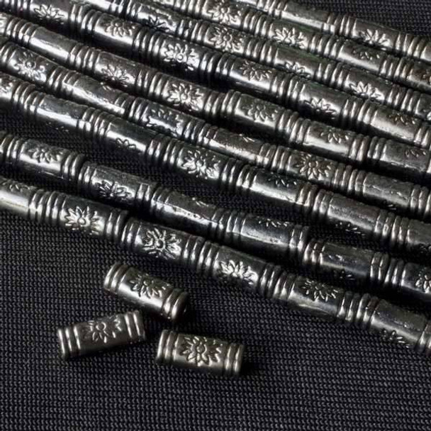 Gun Metal Colored Pewter 4x9mm Tube Beads with a Fiery Sun - approx. 8 inch strand - basea0614gm