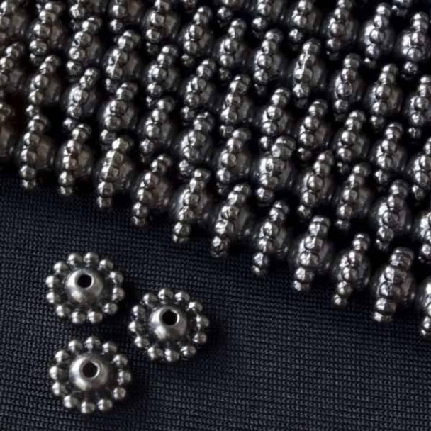 Cherry Tree Beads Gun Metal Colored "Pewter" (zinc-based alloy) 5x9mm Smooth Round Beads with Dots Around Center - approx. 8 inch strand - basea0736gm 