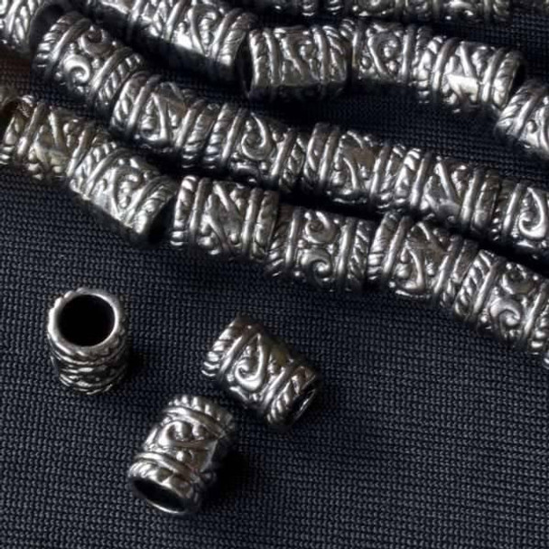 Cherry Tree Beads Gun Metal Colored "Pewter" (zinc-based alloy) 7x9mm Tube Beads with Center Scrolls and a 4mm Large Hole - approx. 8 inch strand - basea0834gm 