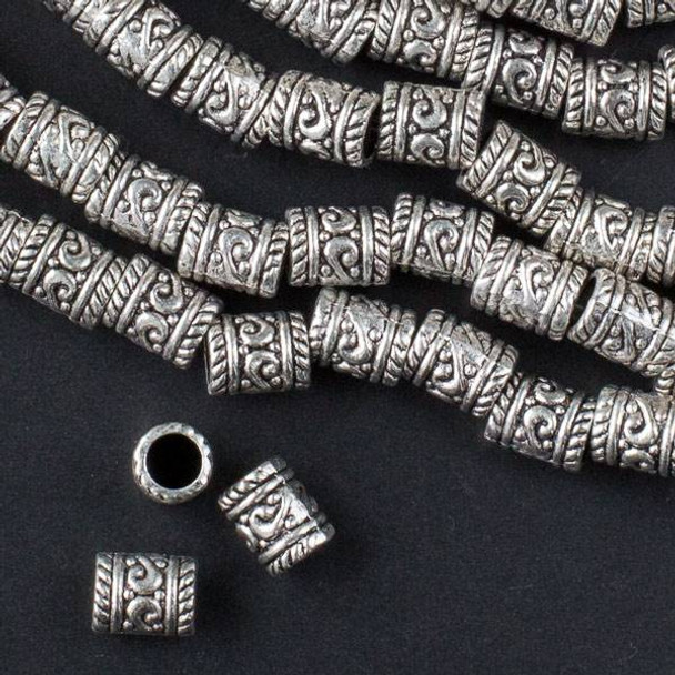 Silver Pewter 7x9mm Tube Beads with Center Scrolls and a 4mm Large Hole - approx. 8 inch strand - basea0834s