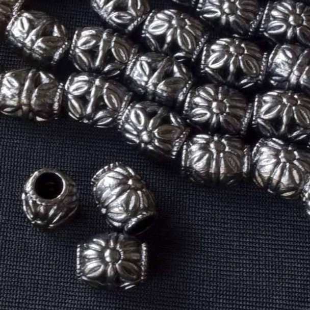 Cherry Tree Beads Gun Metal Colored "Pewter" (zinc-based alloy) 8x10mm Barrel Beads with Large Flowers on each side and a 4mm Large Hole - approx. 8 inch strand - basea0855gm 