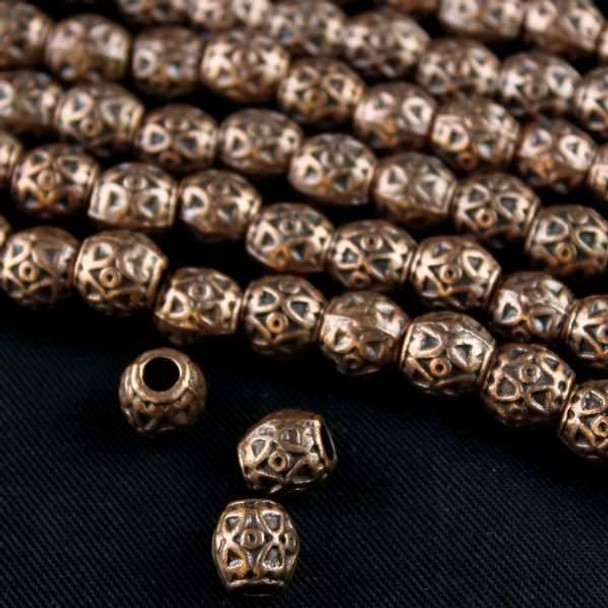Cherry Tree Beads Vintage Copper Colored "Pewter" (zinc-based alloy) 8mm Barrel Beads with Triangles and Circles and a 2.5mm Large Hole - approx. 8 inch strand - basea0934vc 