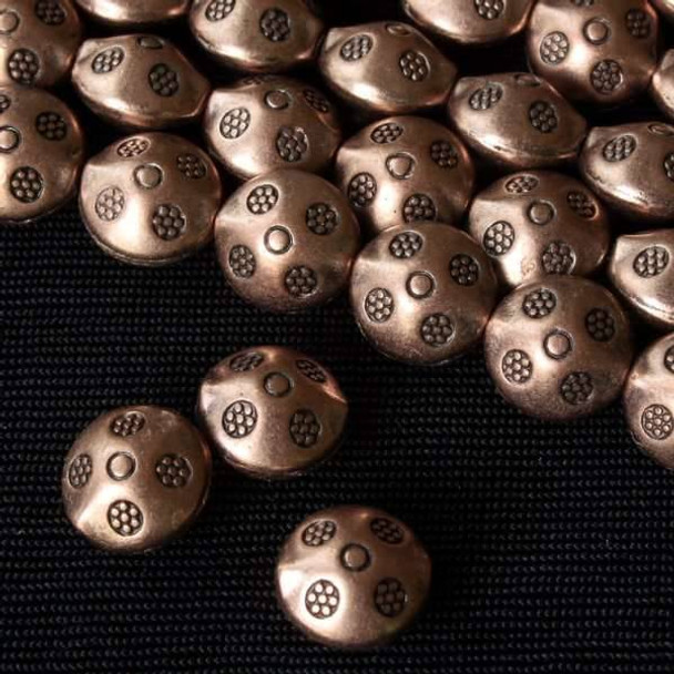 Vintage Copper Colored Pewter 9mm Puff Coin Beads with Stamped Daisies - approx. 8 inch strand - basea11436vc