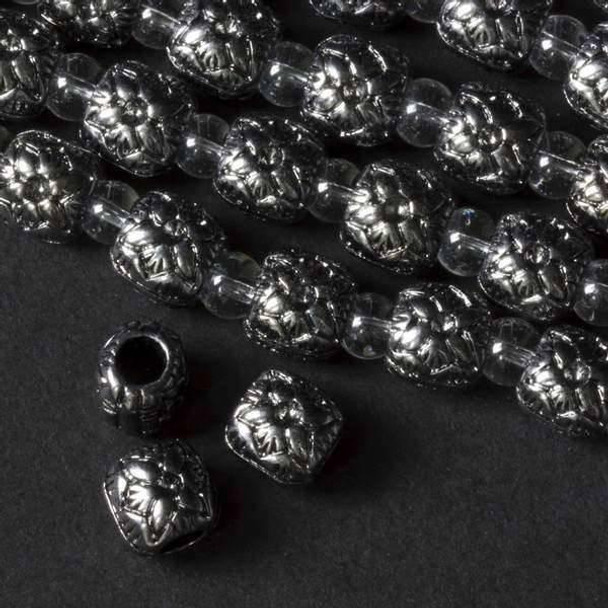Cherry Tree Beads Gun Metal Colored "Pewter" (zinc-based alloy) 10mm Rounded Puff Square Beads with a Poinsettia on each side and a 4mm Large Hole - approx. 8 inch strand - basea24308gm 