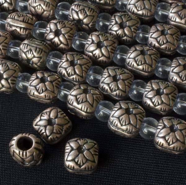 Cherry Tree Beads Vintage Copper Colored "Pewter" (zinc-based alloy) 10mm Rounded Puff Square Beads with a Poinsettia on each side and a 4mm Large Hole - approx. 8 inch strand - basea24308vc 
