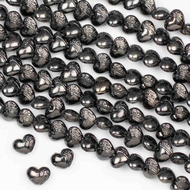 Cherry Tree Beads Gun Metal Colored Pewter 8x10mm Heart with a Dot and Hook Pattern down the side - approx. 8 inch strand - basea26089gm 