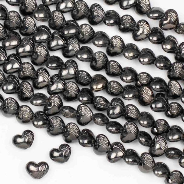 Gun Metal Colored Pewter 8x10mm Heart with a Dot and Hook Pattern down the side - approx. 8 inch strand - basea26089gm