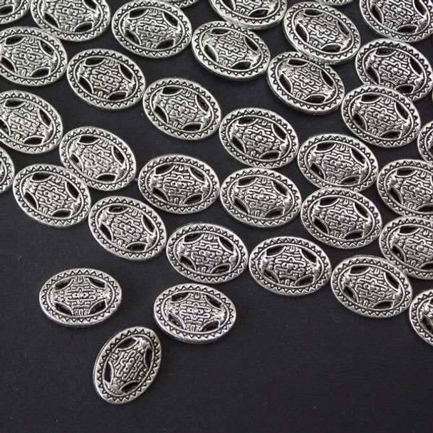 Silver Pewter 10x14mm Cut Out Oval Beads with a Celtic Cross - approx. 8 inch strand - basea28524s