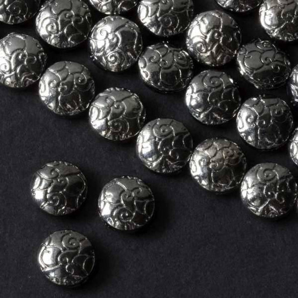 Gun Metal Colored Pewter 10mm Puff Coin with Vines - approx. 8 inch strand - basea29288gm
