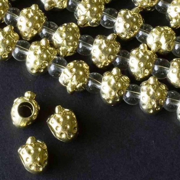 Cherry Tree Beads Gold Colored "Pewter" (zinc-based alloy) 12x14mm Horizontally Drilled Strawberry Beads with a 4mm Large Hole - approx. 8 inch strand - basea29674g 