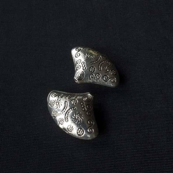 Cherry Tree Beads Silver "Pewter" (zinc-based alloy) 21x30mm Fan Beads with Swirls, Suns, and Flowers - 2 per bag - basea44366s 
