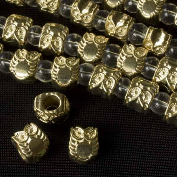 Gold Colored Pewter 8x10mm Horizontally Drilled and Large Hole Wise Owl Beads - approx. 8 inch strand - basea47088g