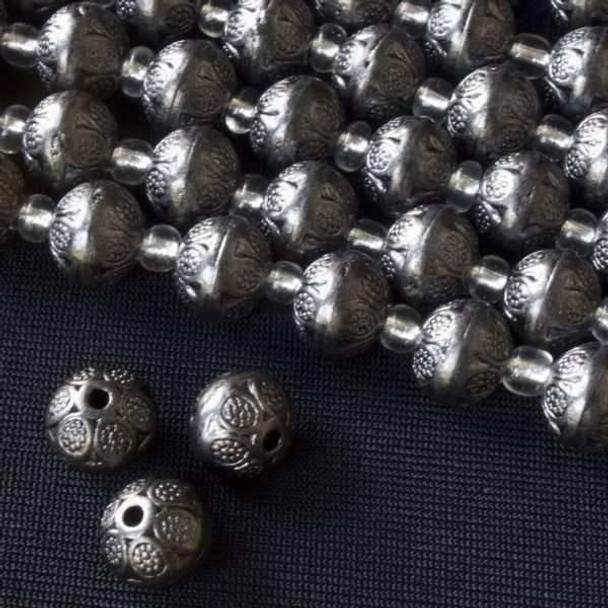 Cherry Tree Beads Gun Metal Colored "Pewter" (zinc-based alloy) 9mm Round Bead with Ovals and Dots - approx. 8 inch strand - Basea5064gm 
