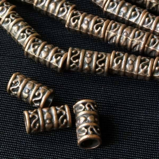 Cherry Tree Beads Vintage Copper Colored "Pewter" (zinc-based alloy) 6x12mm Tube Beads with S and Heart Pattern and a 4mm Large Hole - approx. 8 inch strand - basea856vc 
