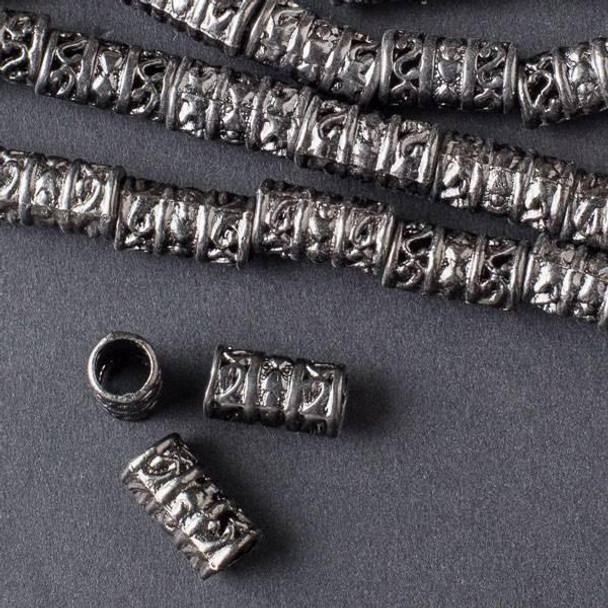 Cherry Tree Beads Gun Metal Colored "Pewter" (zinc-based alloy) 6x12mm Tube with S and Heart Pattern and a 4mm Large Hole - approx. 8 inch strand - Basea856gm 