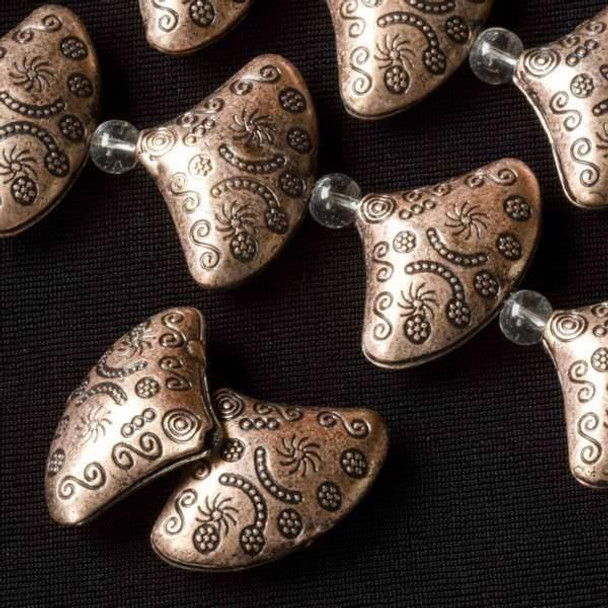 Cherry Tree Beads Vintage Copper Colored "Pewter" (zinc-based alloy) 21x30mm Fan Beads with Swirls, Suns, and Flowers - approx. 8 inch strand - basea8in44366vc 