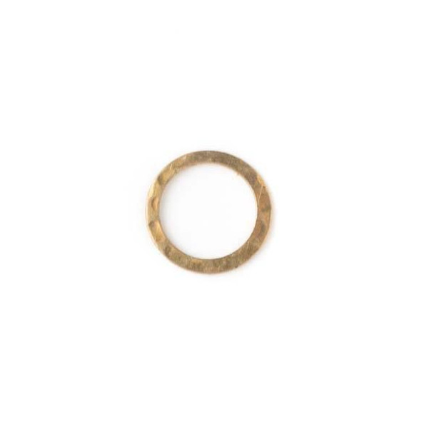 Close-up of 13mm hammered brass links in raw and coated finishes, showcasing textured surface and round open-ring shape. Close-up of 13mm hammered brass links in raw and coated finishes, showcasing textured surface and round open-ring shape.